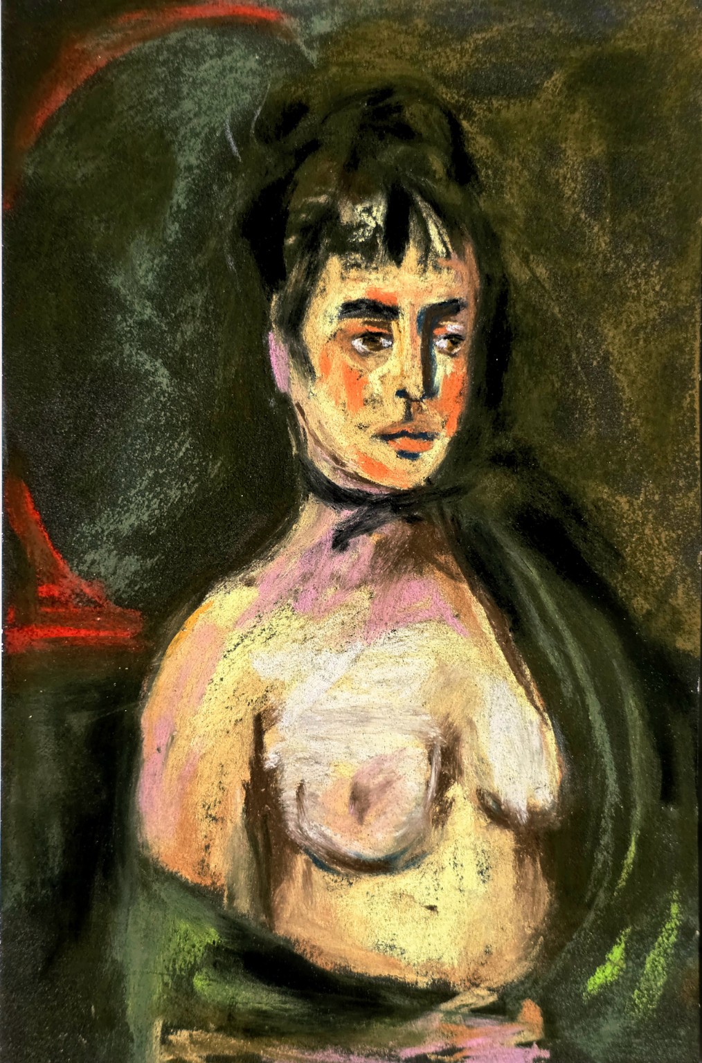 After Édouard Manet: La Brune aux seins nus (2025), soft pastel study of a seated dark-haired woman