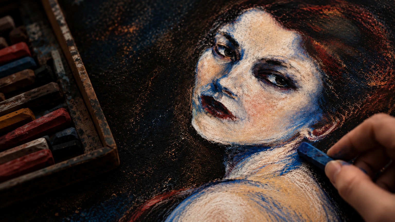 A hand applying blue pastel to The Unsaid