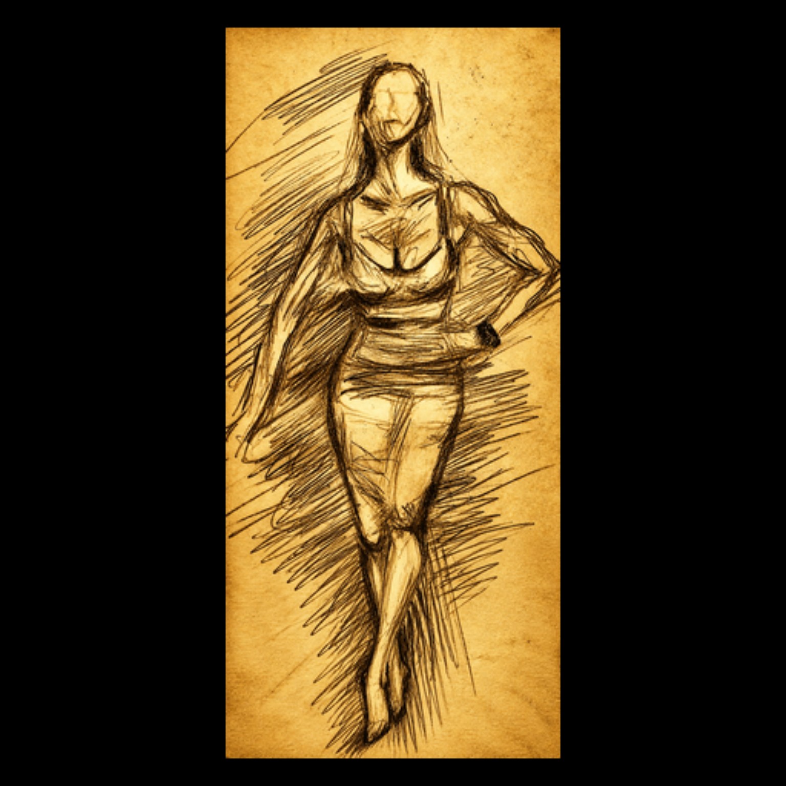 Composure (2026), graphite drawing of a standing figure with crossed legs and one hand at the waist