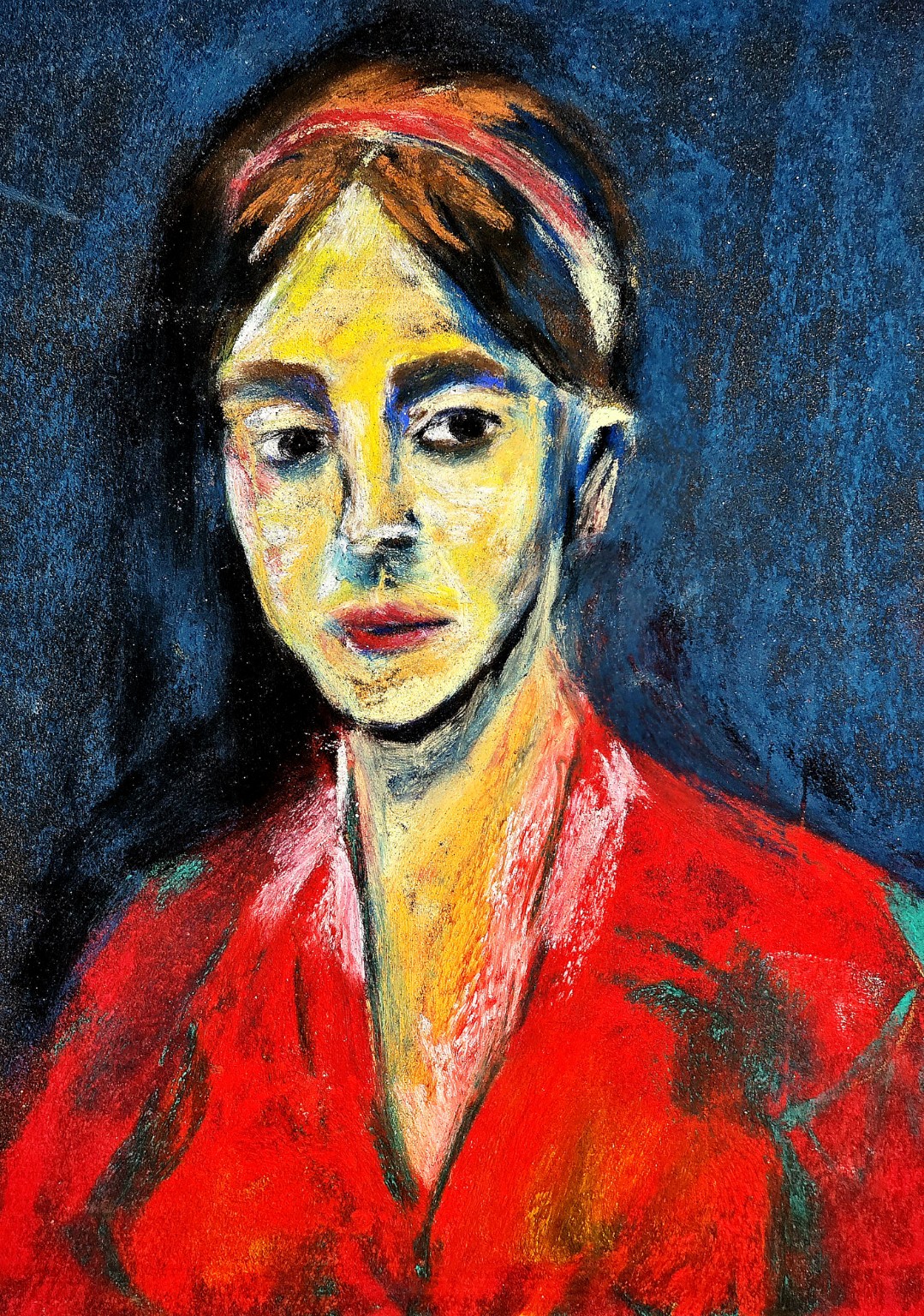 Elsewhere (2025), soft pastel portrait of a woman in a red garment against a textured blue background