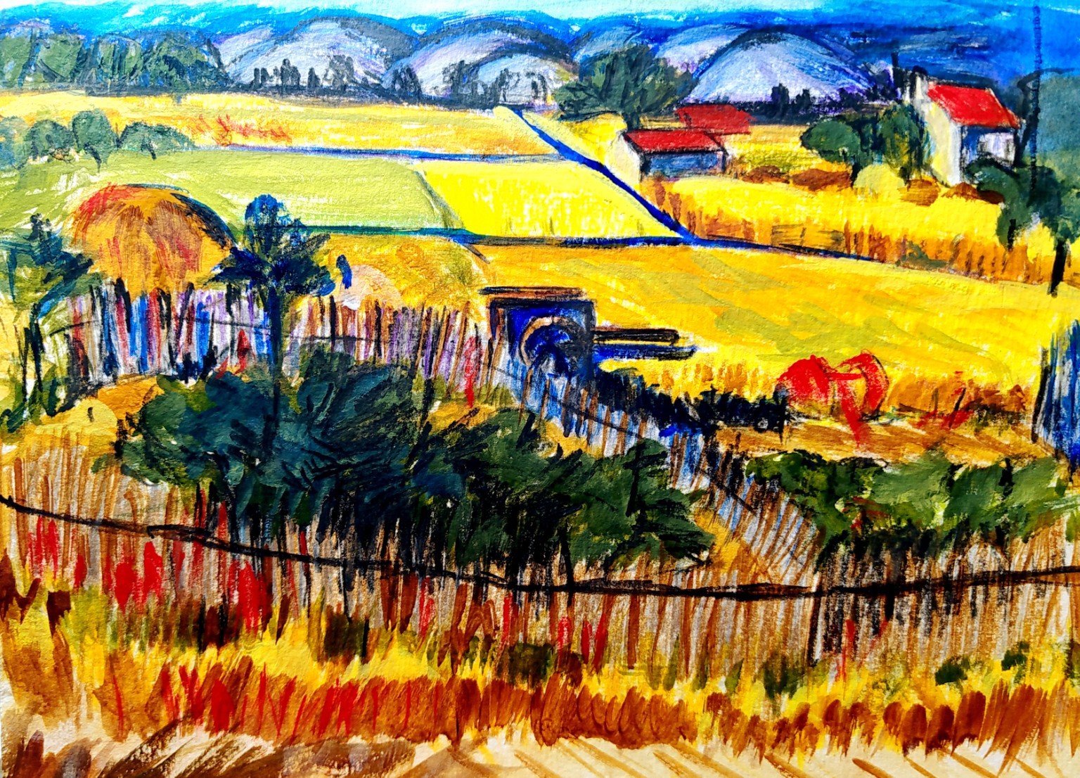 Study after Vincent van Gogh's The Harvest (1888), painted in watercolour by Reyhan Alimova Kiyan in 2025, depicting golden fields, mountains and farm buildings.