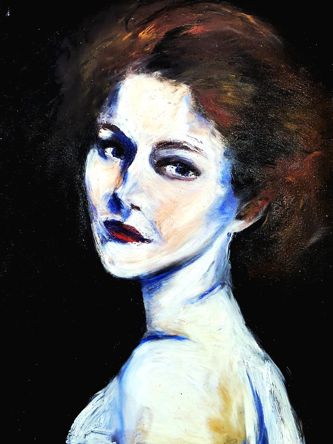 The Unsaid (2024), oil pastel portrait of a woman turning her head against a black background